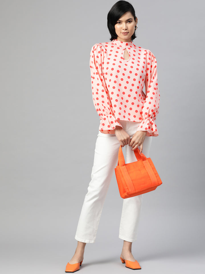 plusS Cream-Coloured  Red Polka Dots Print Bell Sleeves Keyhole Neck Top