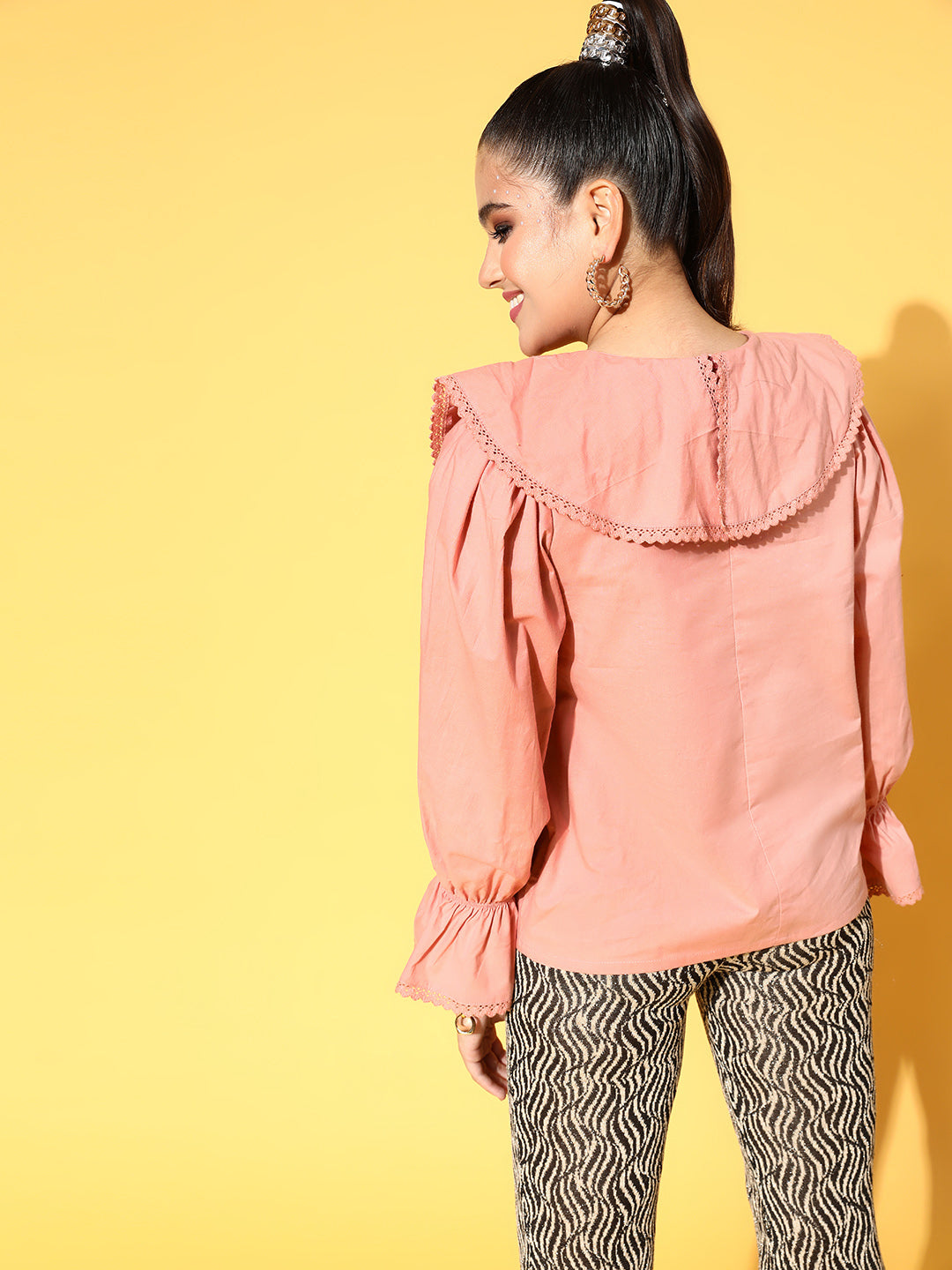 plusS Peach Solid Zoom Friendly Collar Top