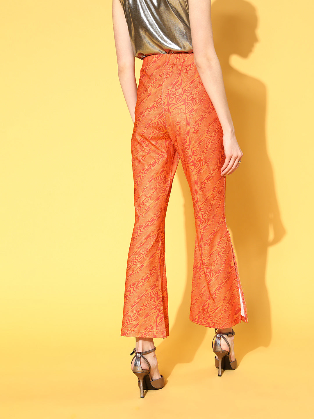 plusS Women Orange Abstract Print Side-Slit Trousers