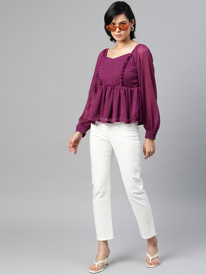 plusS Purple Sweetheart Neck Ruffles Cinched Waist Top