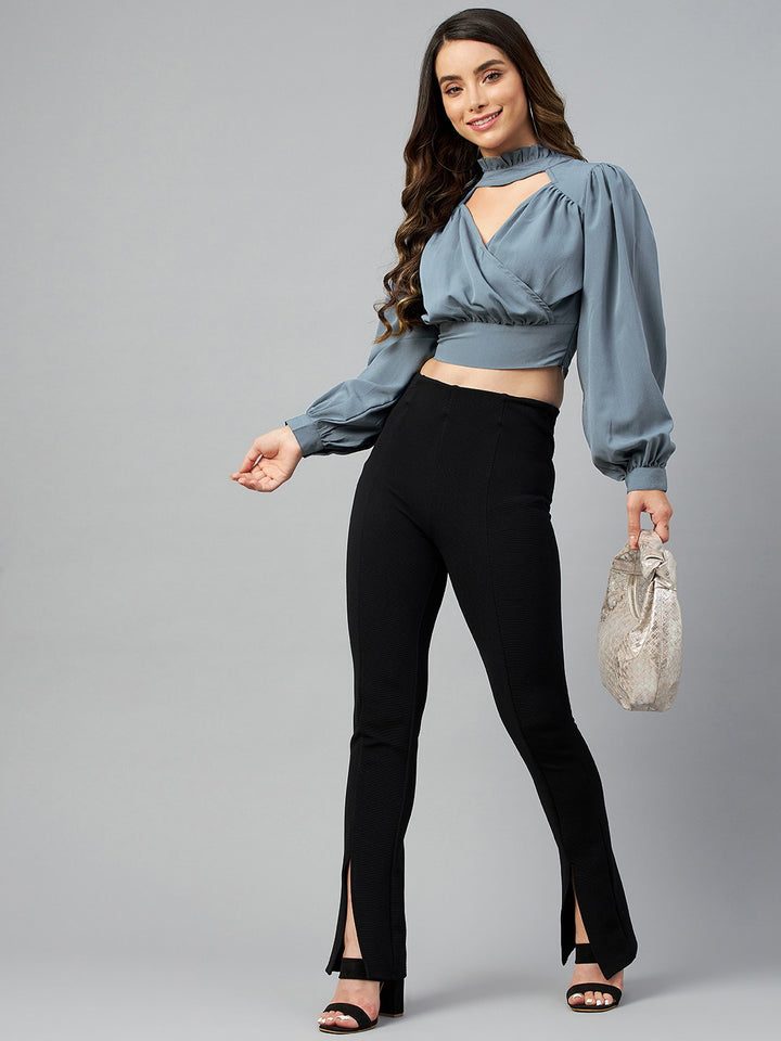 plusS Blue Solid Bishop Sleeves Wrap Top