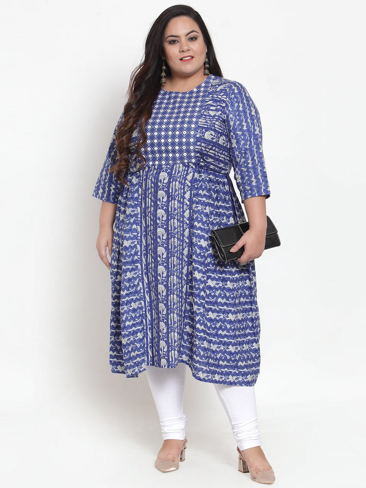 Women Blue & White Printed A-Line Kurta