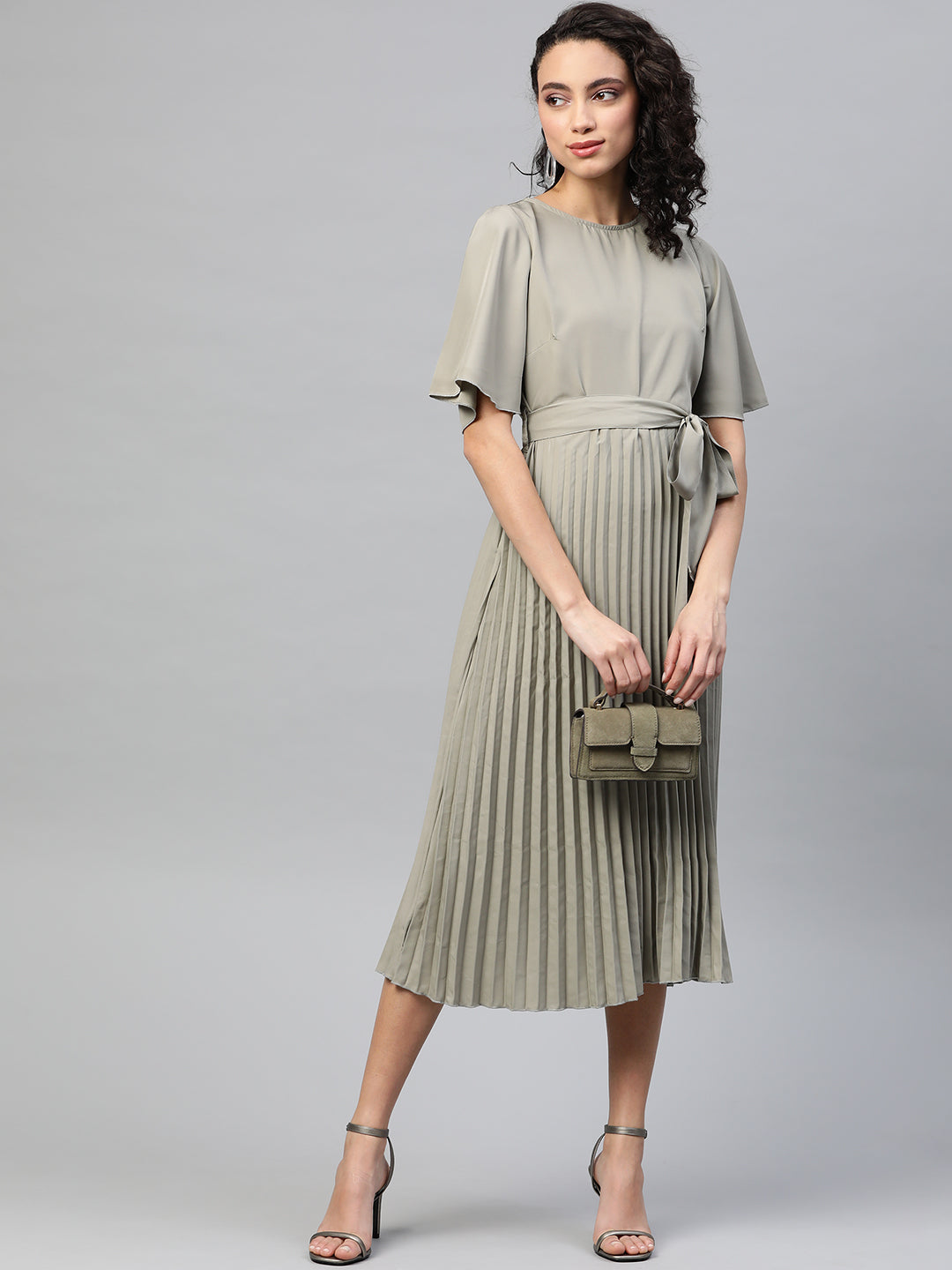 plusS Women Olive Green Accordion Pleated Midi A-Line Dress with Belt