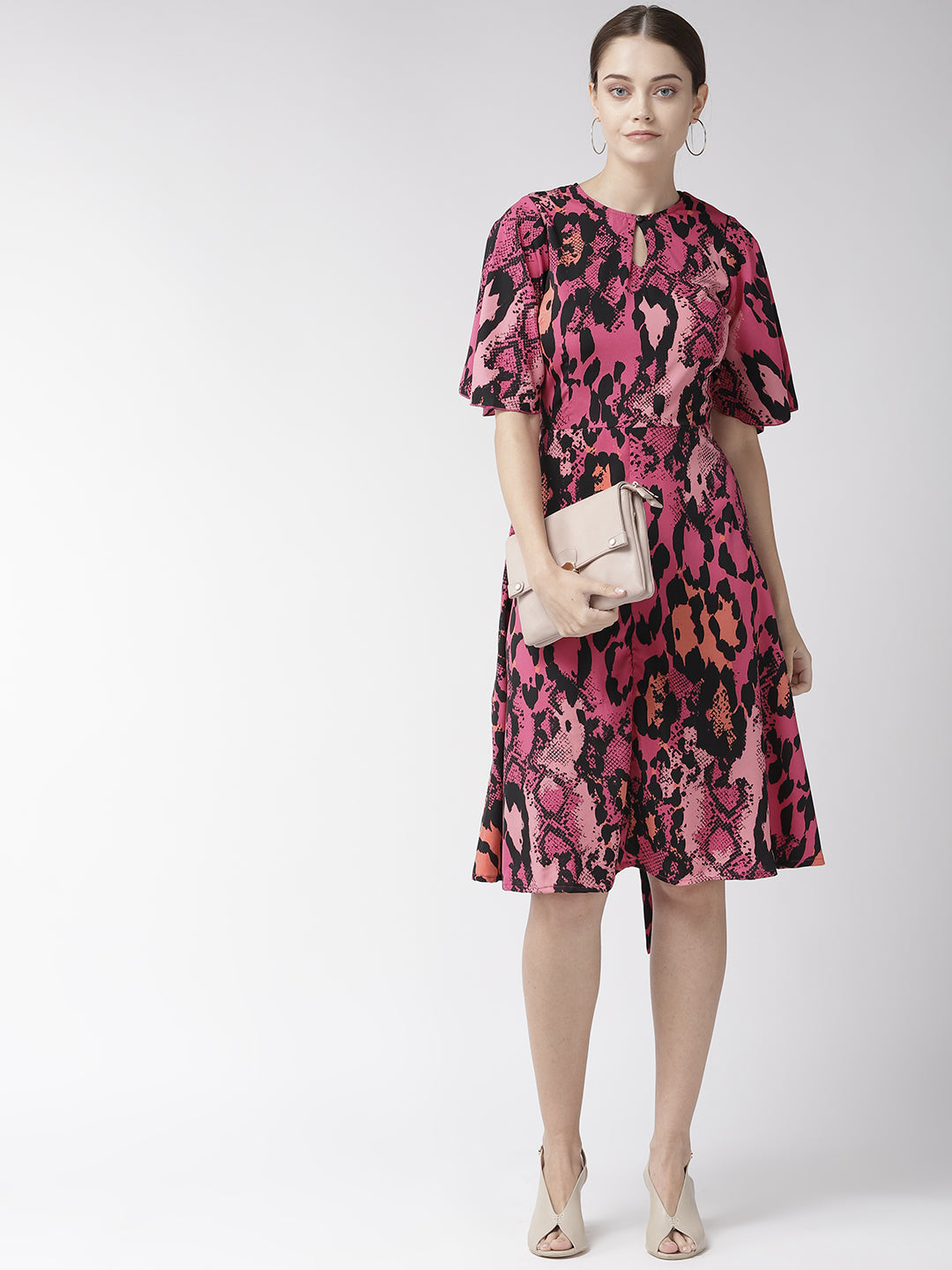 plusS Pink  Black Animal Keyhole Neck A-Line Dress