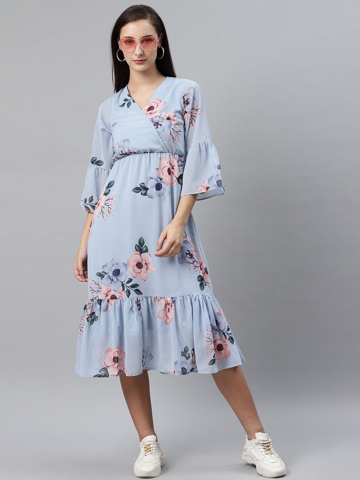 plusS Women Blue  Pink Floral Print Midi Wrap Dress