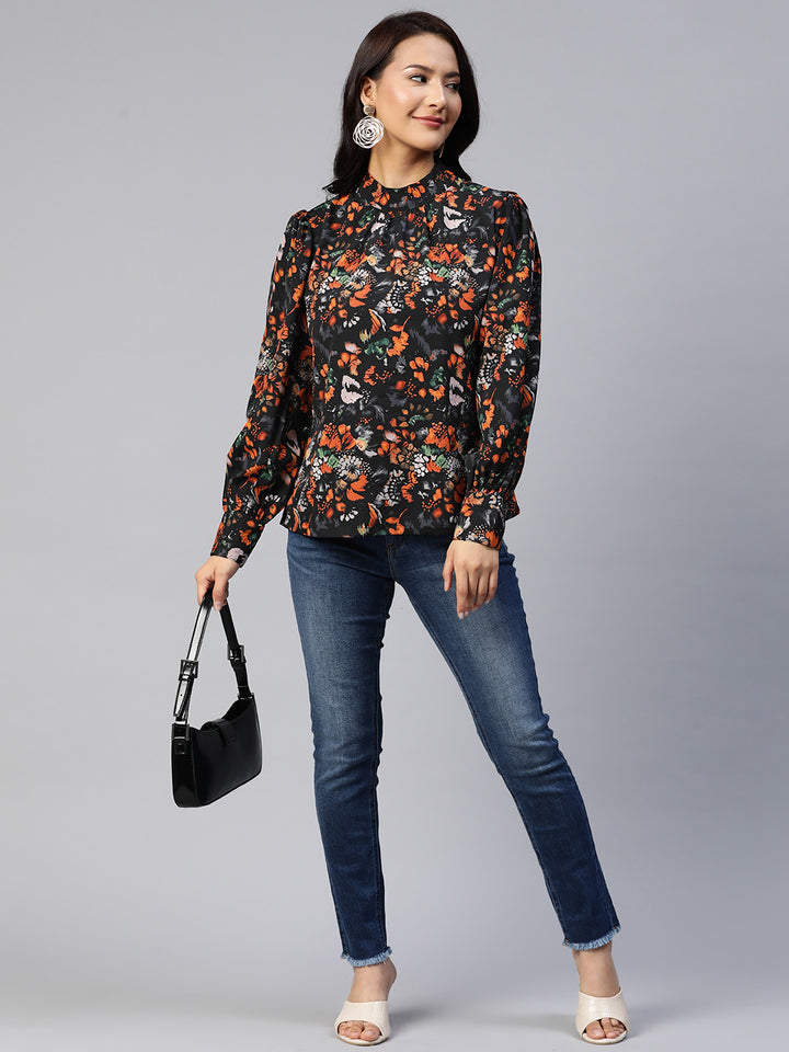 plusS Floral Print Puff Sleeves Top