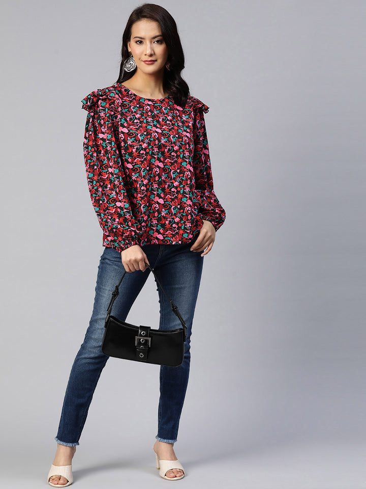 Floral Print Puff Sleeves Ruffled Top