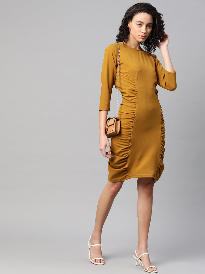 plusS Women Mustard Yellow Knitted Solid Sheath Dress