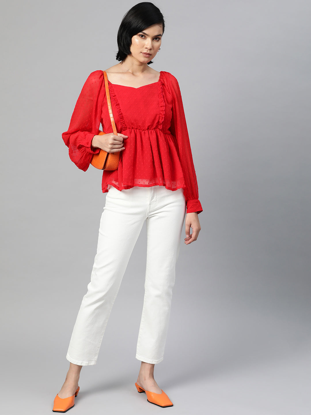 plusS Red Sweetheart Neck Ruffles Cinched Waist Top