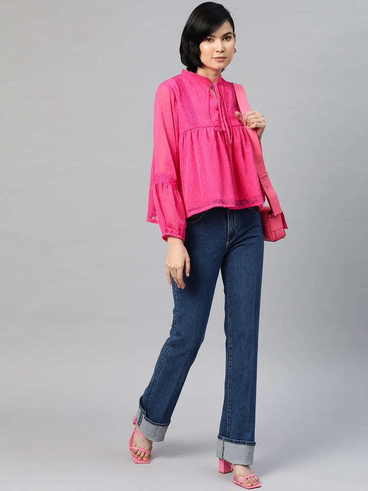 plusS Pink Self Design Tie-Up Neck Bishop Sleeves Georgette Cinched Waist Top