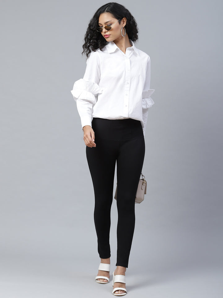 Stylish White Ruffle Detail Solid Shirt