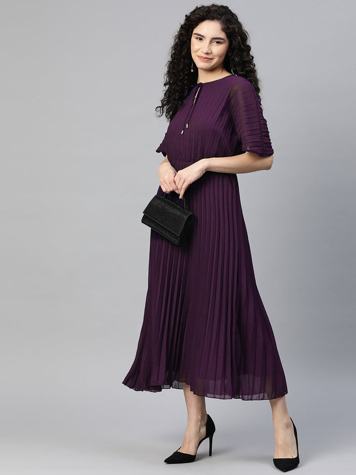 Tie-Up Neck A-Line Midi Dress