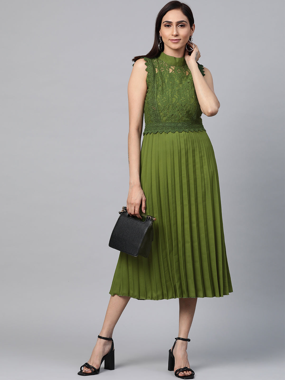 plusS Women Olive Green Self Design A-Line Dress