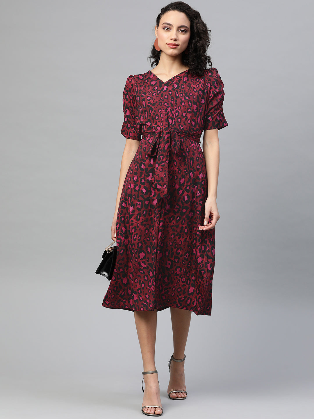 plusS Women Burgundy  Black Leopard Print Midi A-Line Dress with Belt