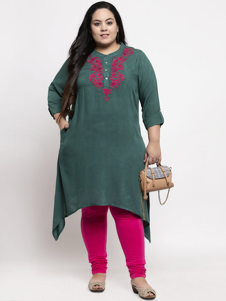 Women Green Embroidered A-Line Kurta