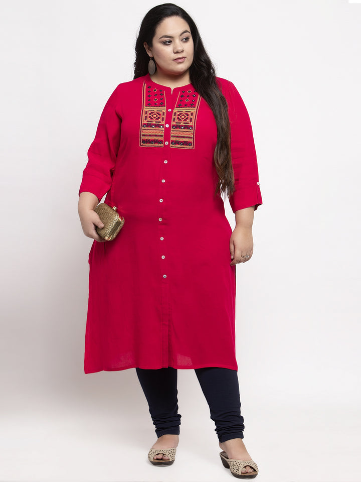 Women Red Embroidered A-Line Kurta