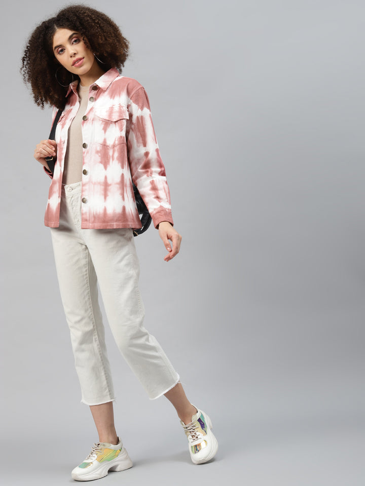 plusS Women Peach-Coloured White Tie and Dye Tailored Jacket