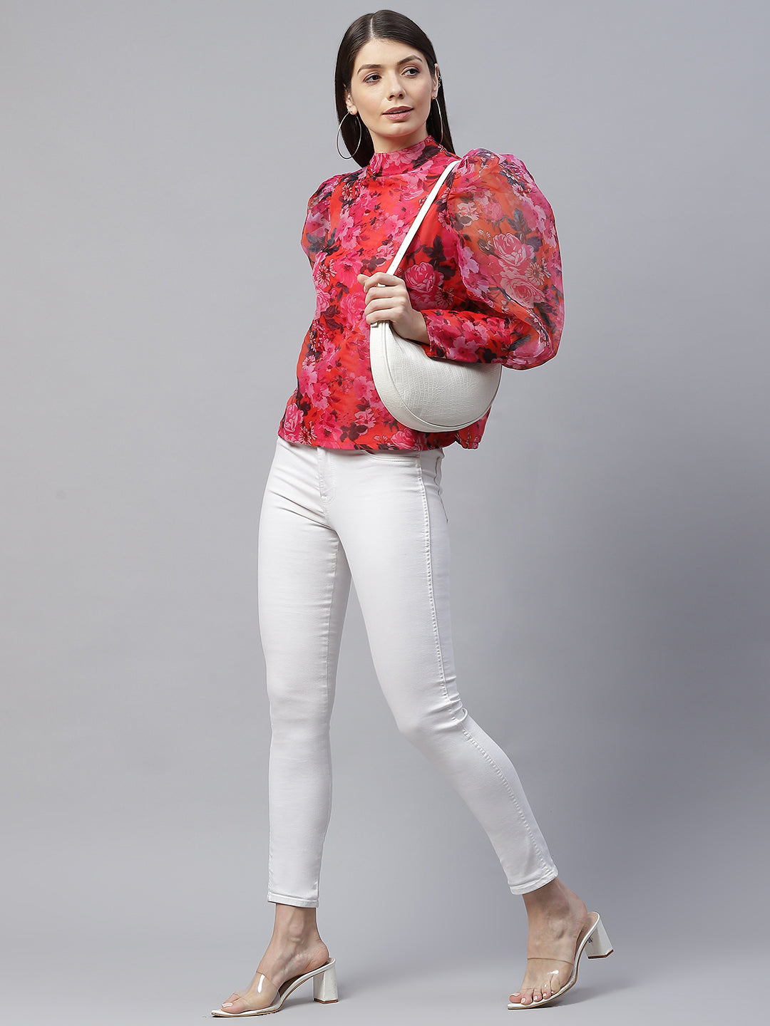 plusS Pink Floral Print Mandarin Collar Top