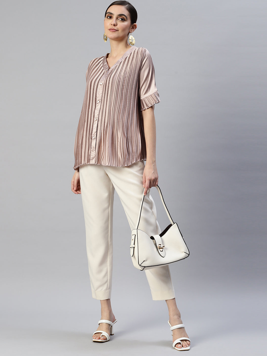 V-Neck Accordion Pleats Shirt Style Top