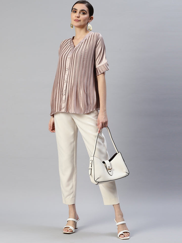 V-Neck Accordion Pleats Shirt Style Top