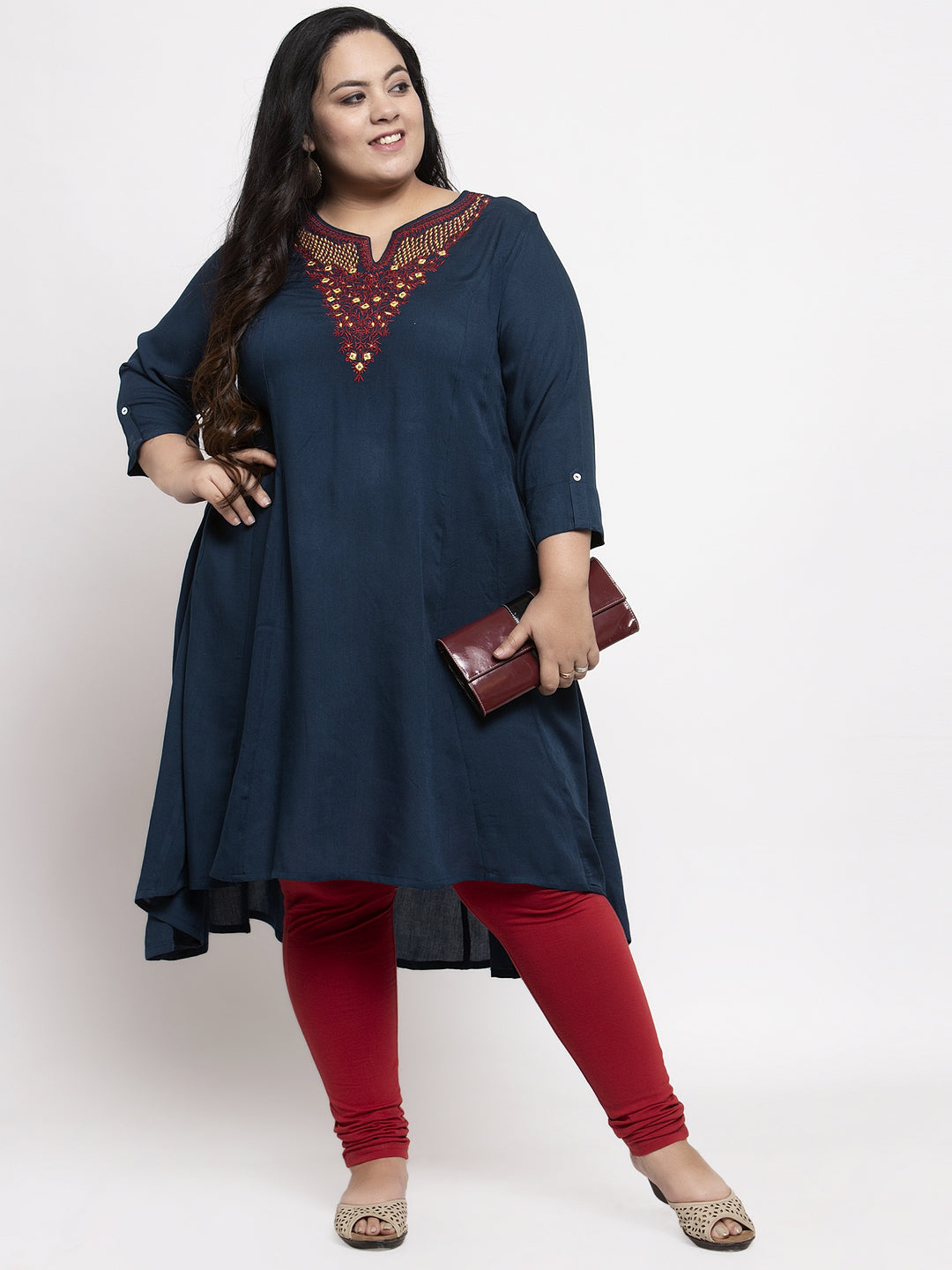 Women Navy Blue Yoke Design A-Line Kurta