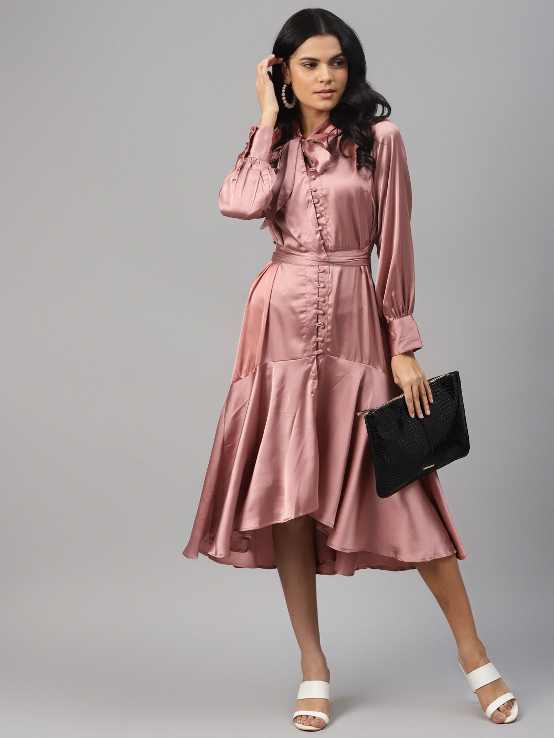 plusS Dusty Pink Tie-Up Neck A-Line Midi Dress