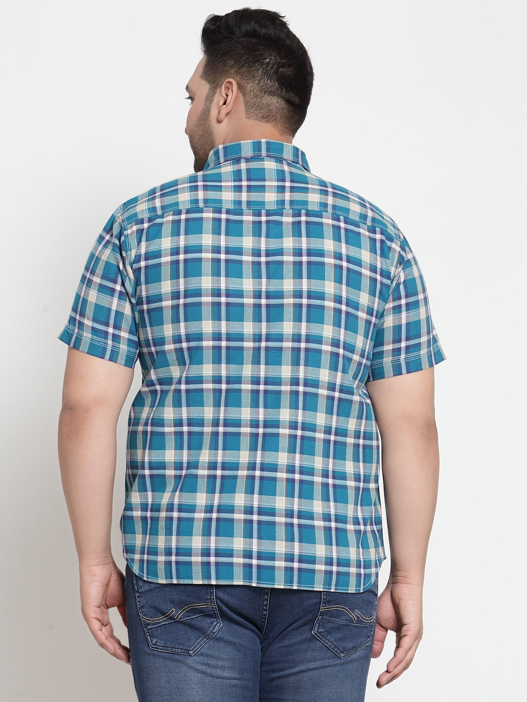 Men Blue & Cream-Coloured Regular Fit Checked Casual Shirt