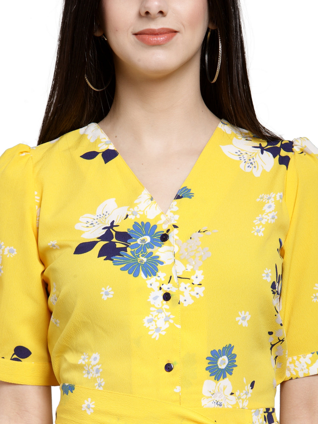 Yellow Floral Printed Fit and Flare Dress