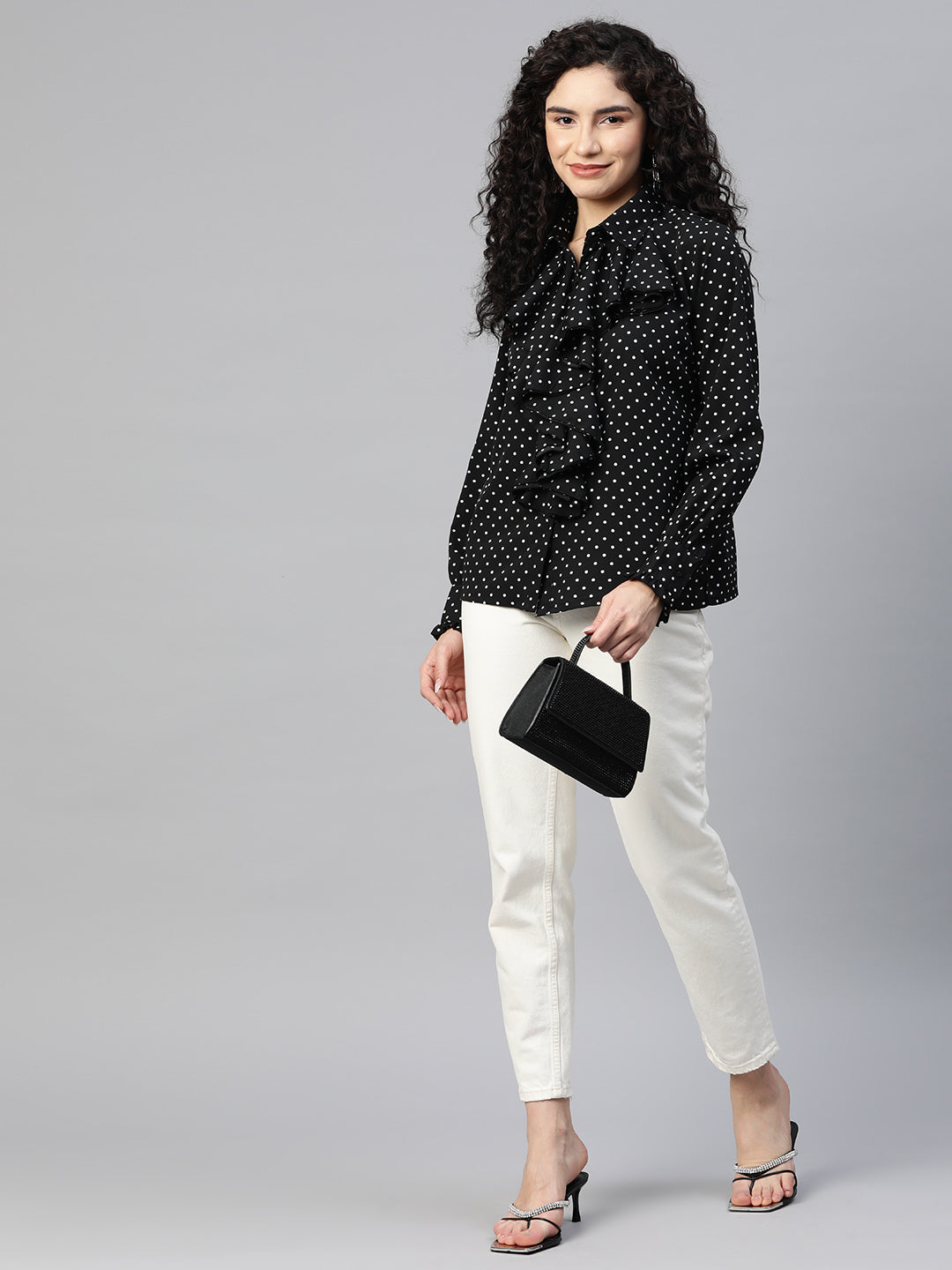 plusS Polka Dot Print Ruffles Shirt Style Top