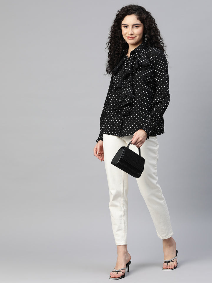 plusS Polka Dot Print Ruffles Shirt Style Top