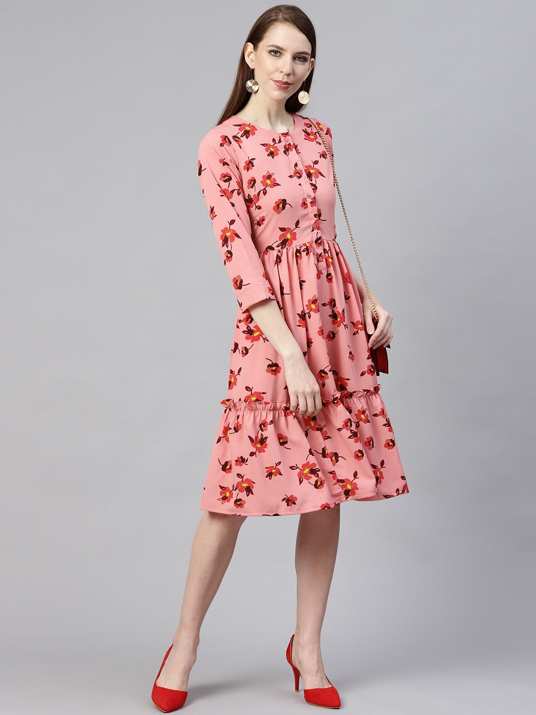 plusS Women Peach-Coloured  Red Floral Print Tiered A-Line Dress