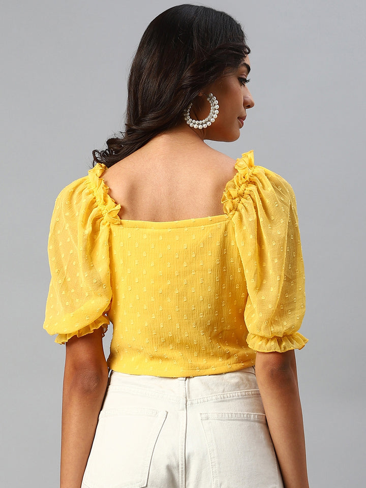 plusS Yellow Self Design Puff Sleeves Crop Top