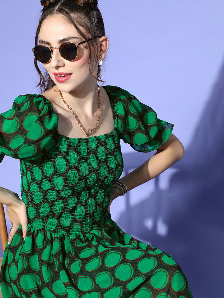 Women Gorgeous Green Geometric Volume Play Dress