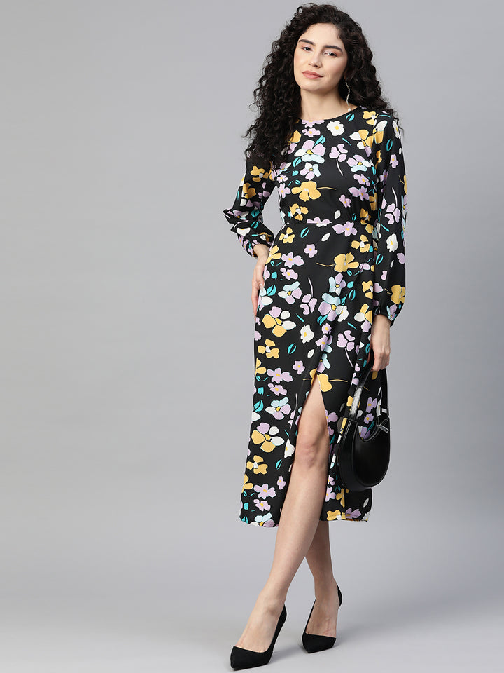 Floral Print Puff Sleeve A-Line Midi Dress