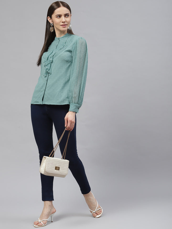 plusS Women Sea Green Mandarin Collar Ruffles Poly Georgette Top