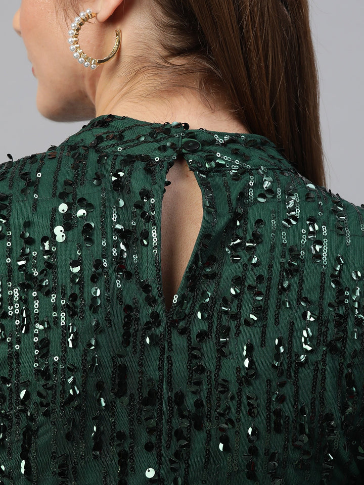 Teal-Green Embellished Mandarin Collar Top