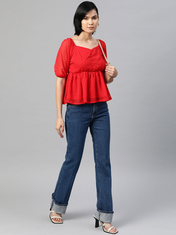 plusS Red Self Design Sweetheart Neck Puff Sleeves Cinched Waist Top