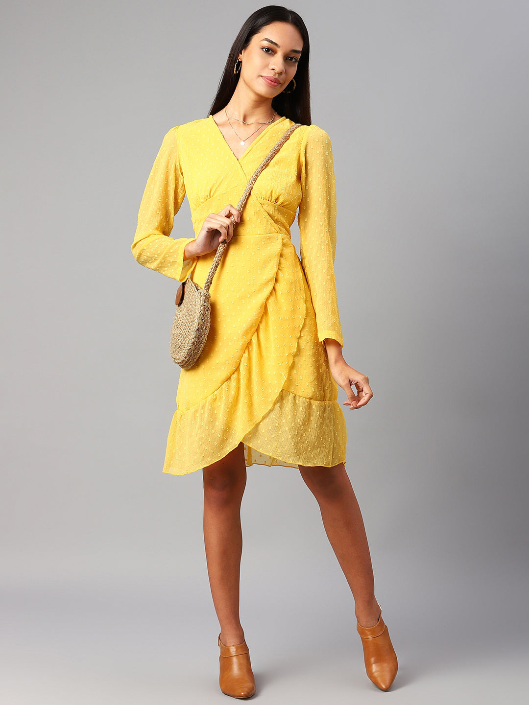 plusS Yellow Self Design Wrap Dress