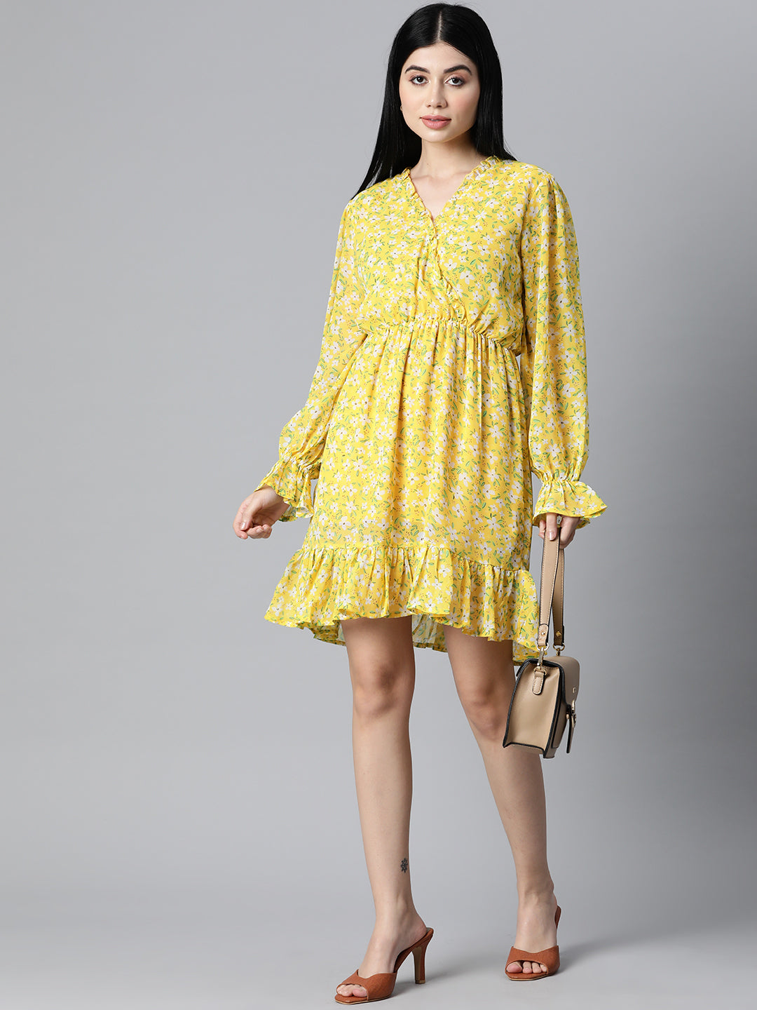 plusS Women Yellow  White Floral Printed Bell Sleeves Dress with Ruffle Detail