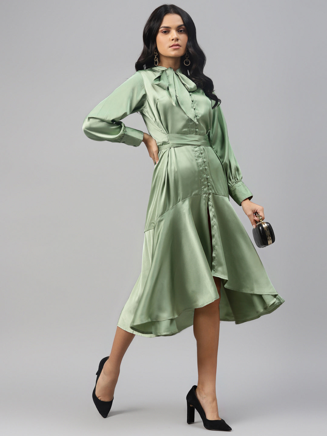 plusS Green Tie-Up Neck Satin A-Line Dress