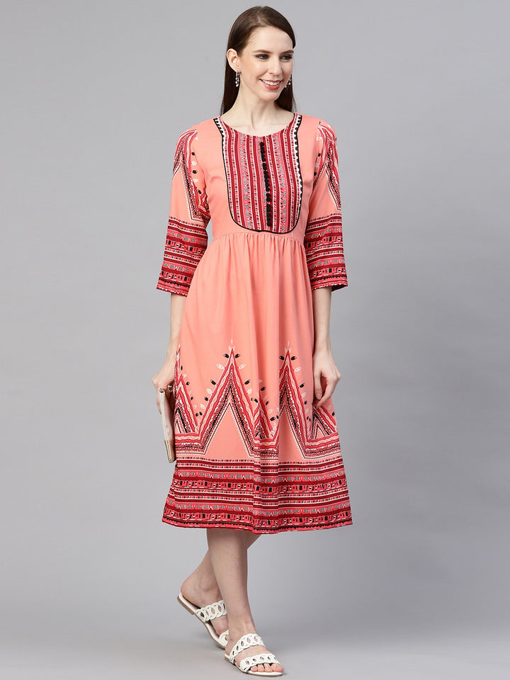 plusS Women Peach-Coloured  Red Printed A-Line Dress