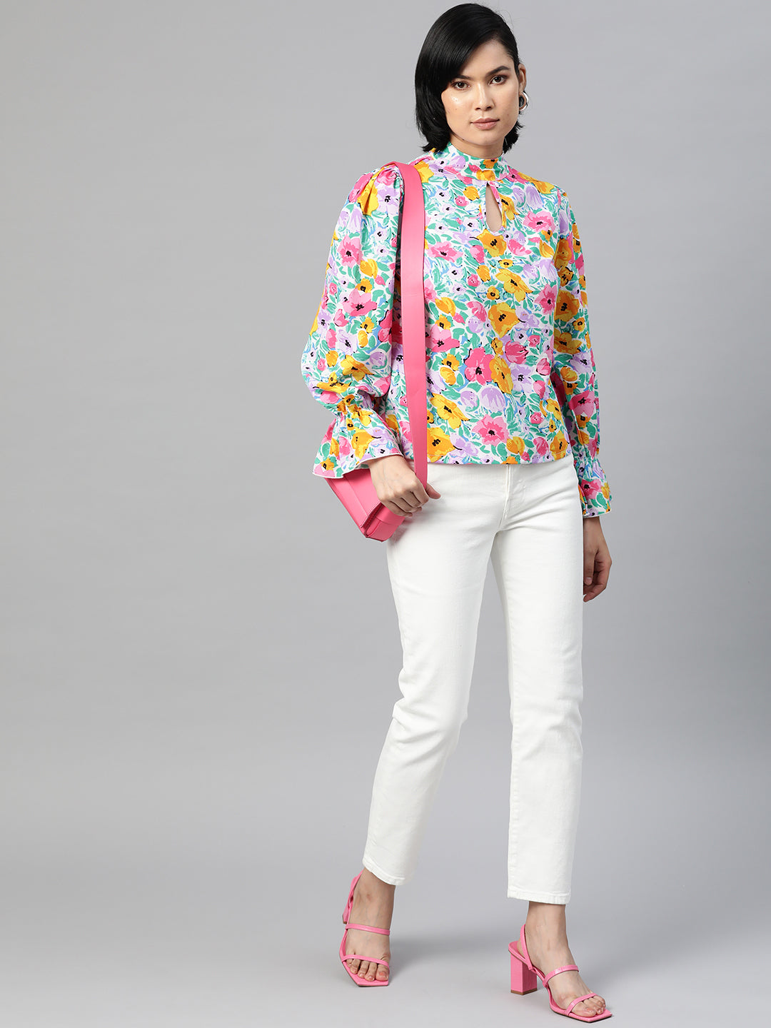 plusS Multicoloured Floral Print Bell Sleeves Keyhole Neck Top