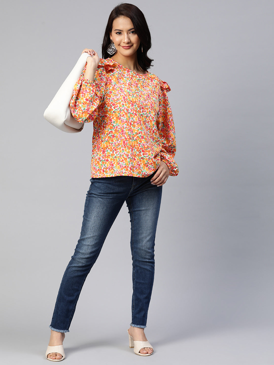 Floral Print Puff Sleeves Ruffled Top