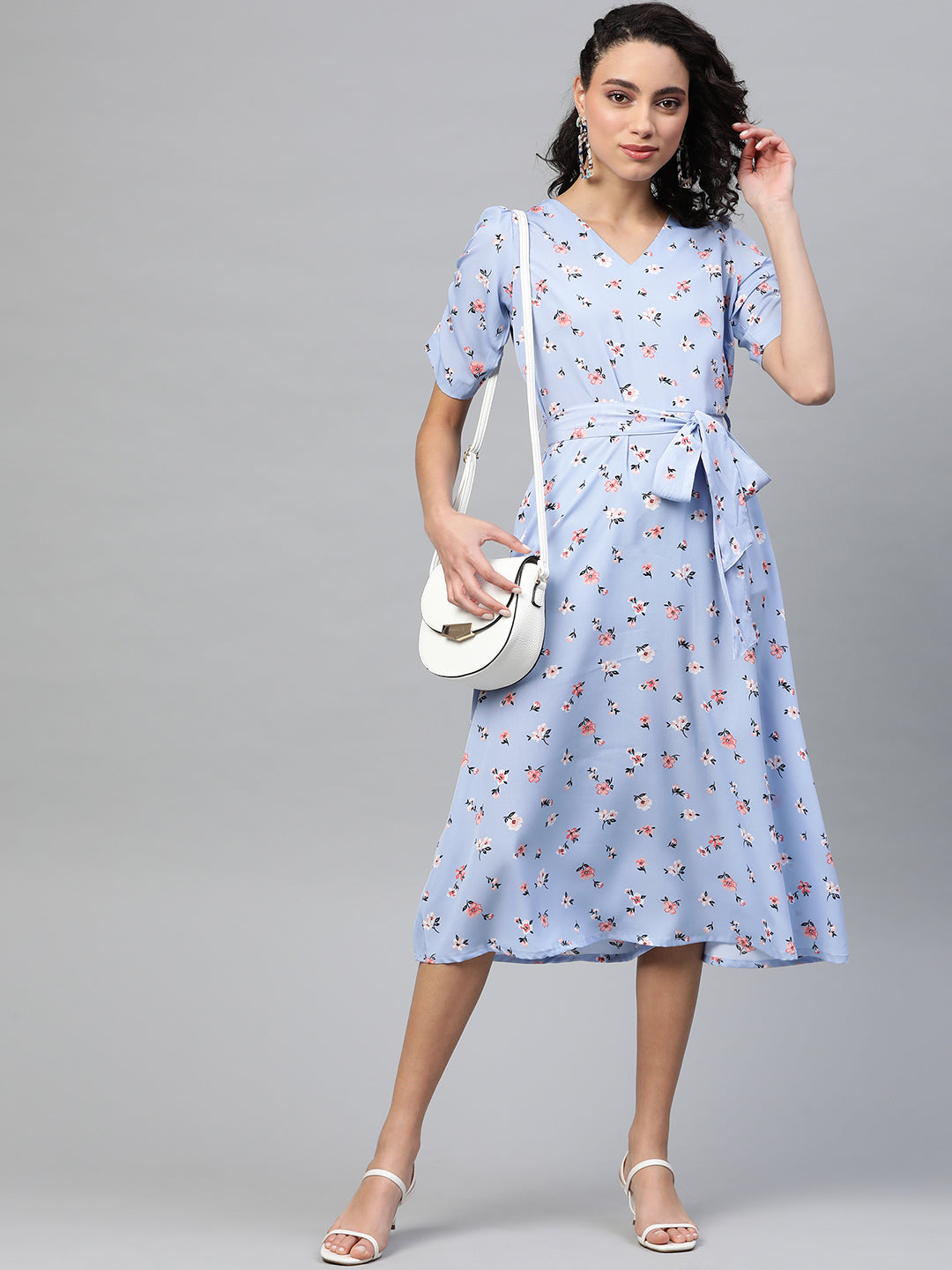 plusS Women Blue  Peach-Coloured Floral Print Midi A-Line Dress with Belt