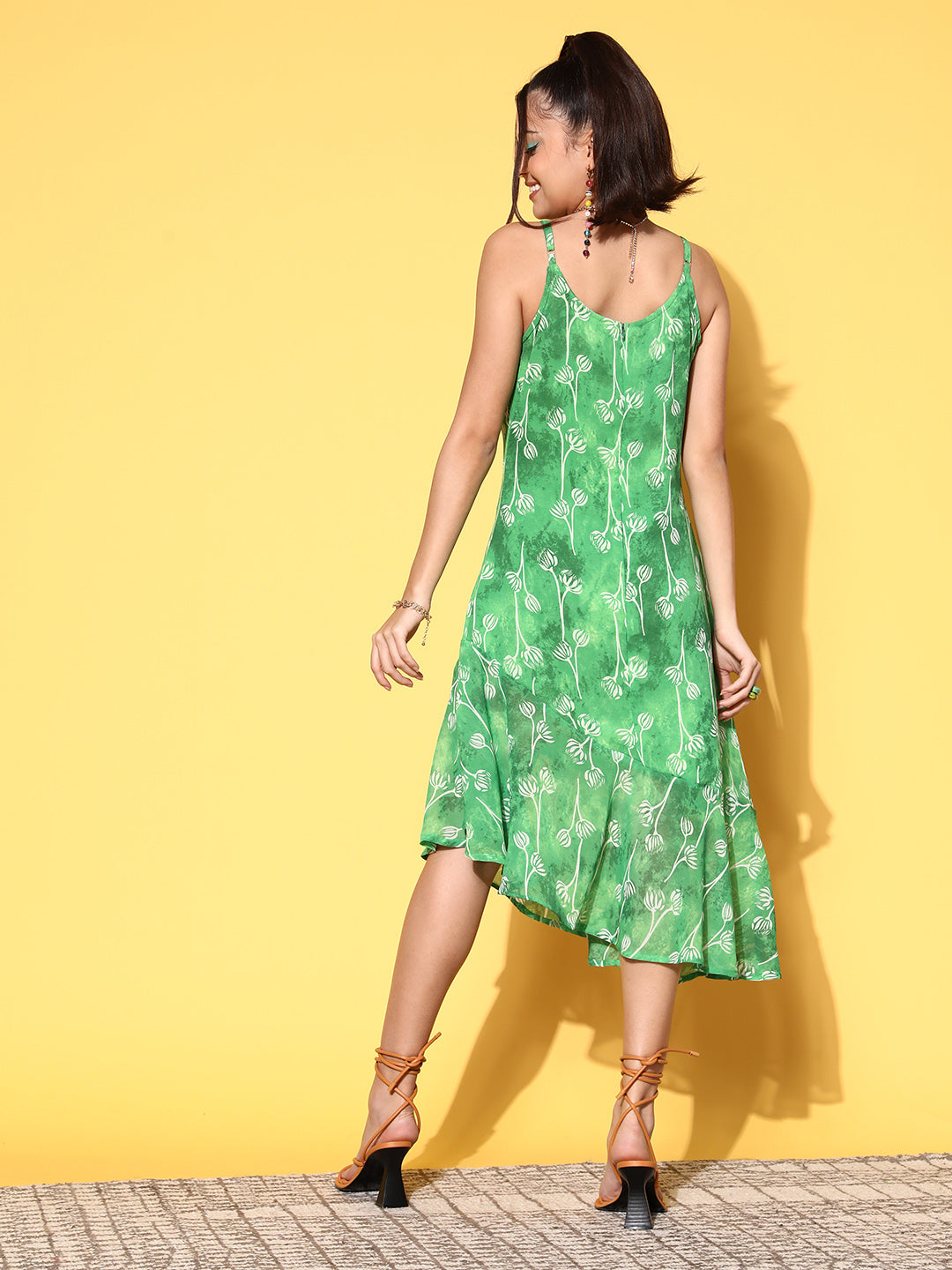 Women Elegant Green Floral Print Parade Dress