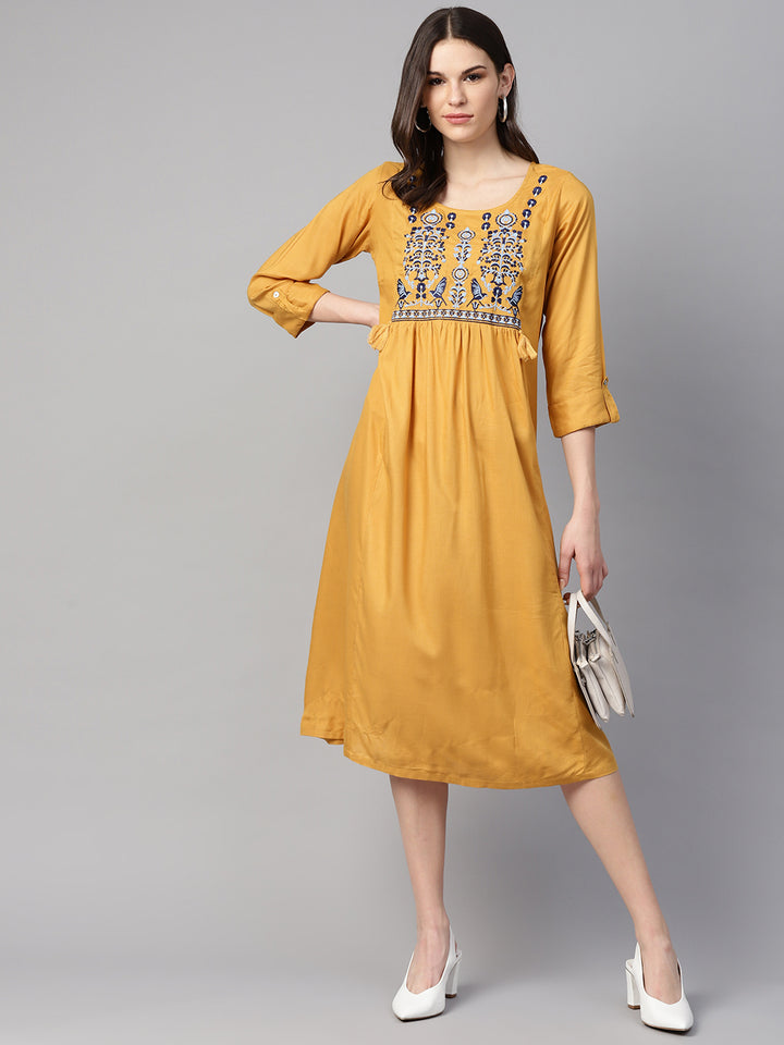 Women Mustard Yellow Solid A-Line Dress with Embroidered Detail