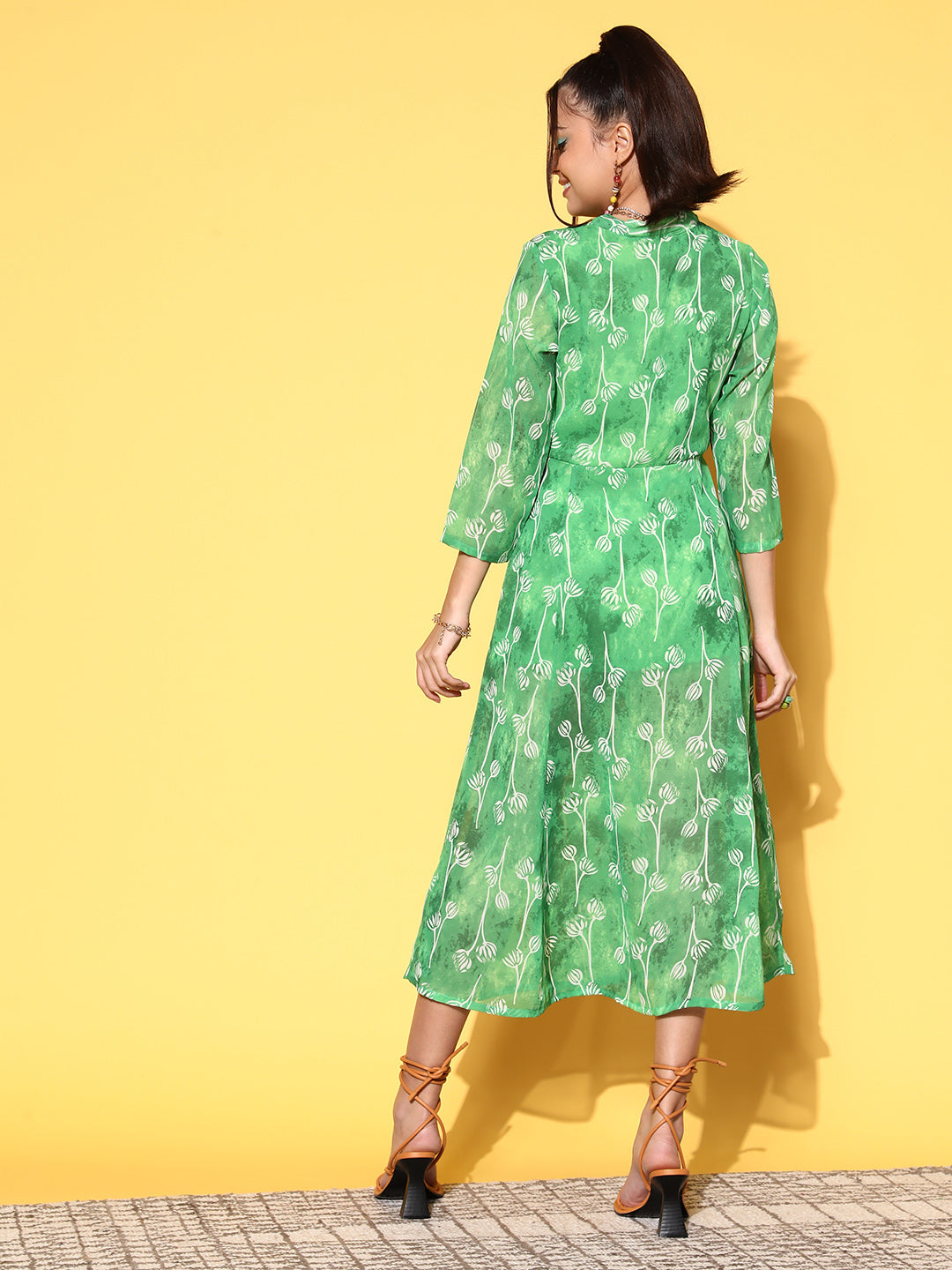 Women Elegant Green Floral Print Parade Dress