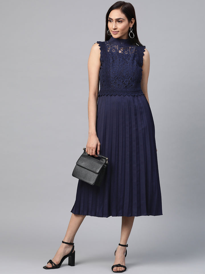 plusS Women Navy Blue Lace Detail Accordion Pleated A-Line Dress