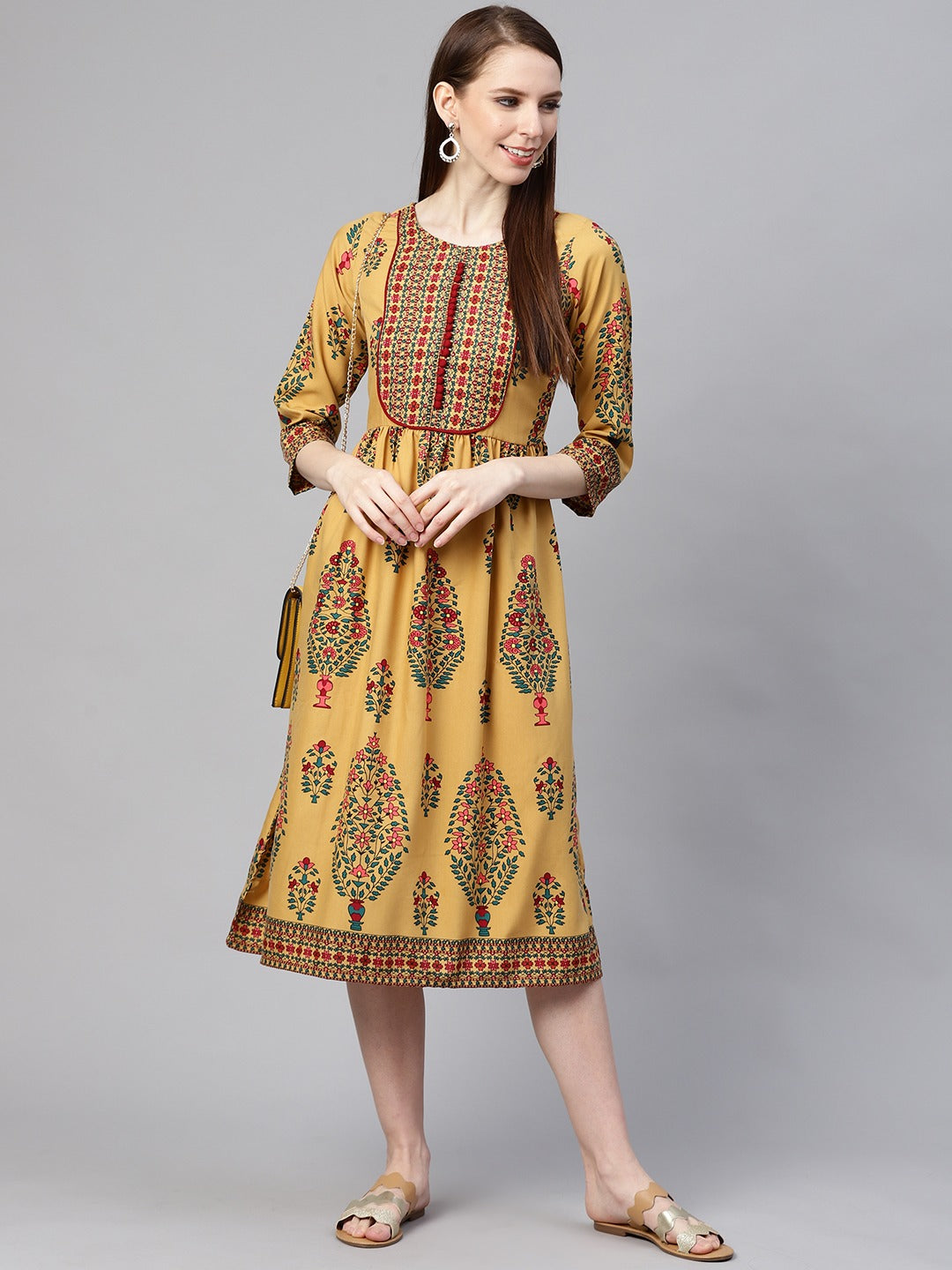 plusS Women Mustard Yellow  Pink Printed A-Line Dress