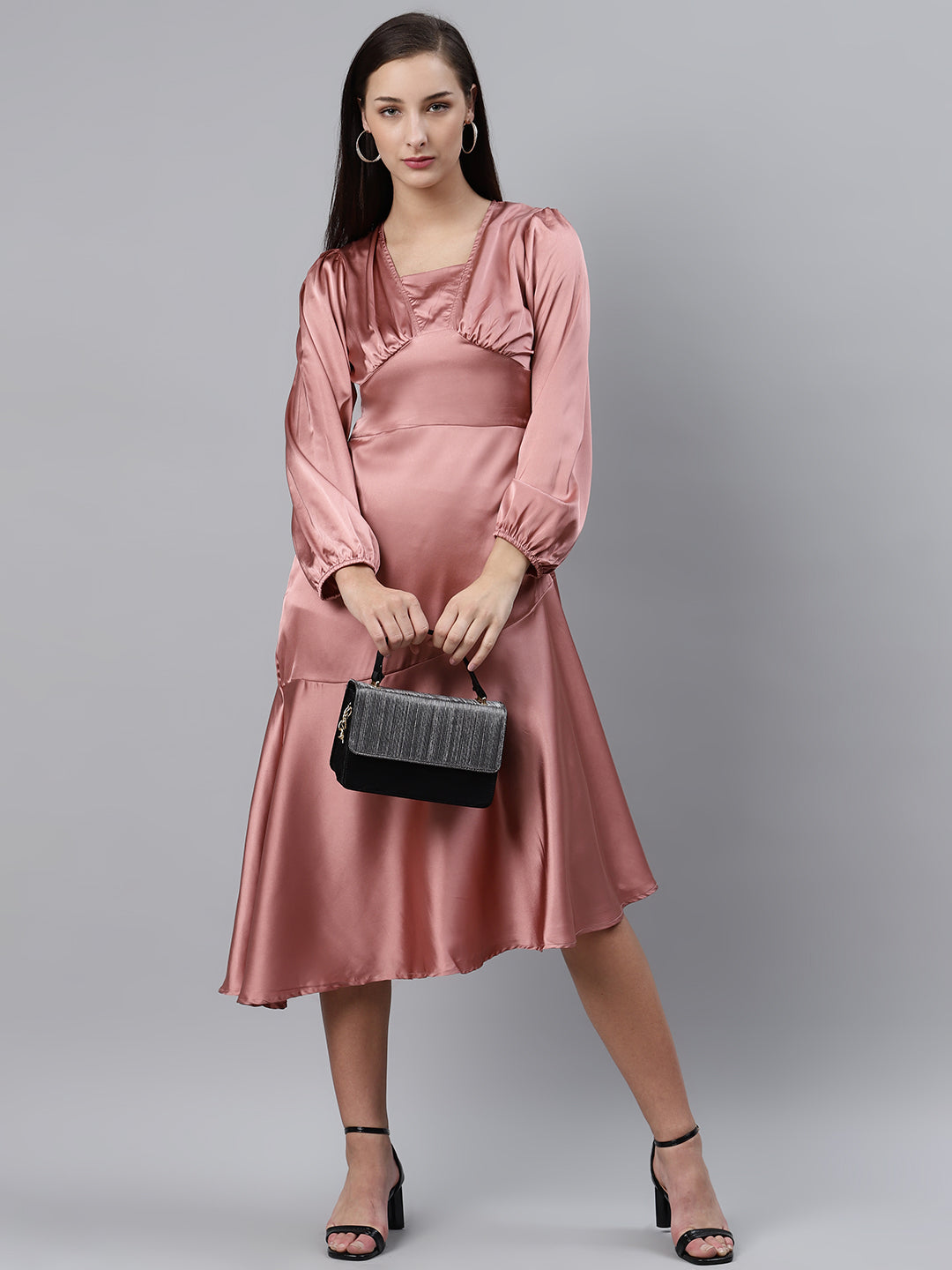 plusS Pretty Pink Pleated Solid Midi A-Line Dress